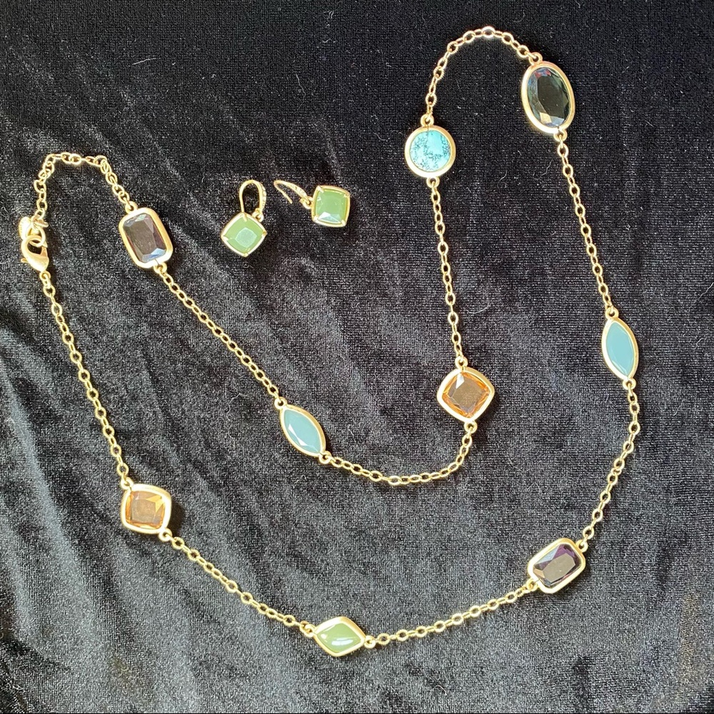 Long Multistone Necklace and Earring Set by Carolee Classy Boho Antique Gold
